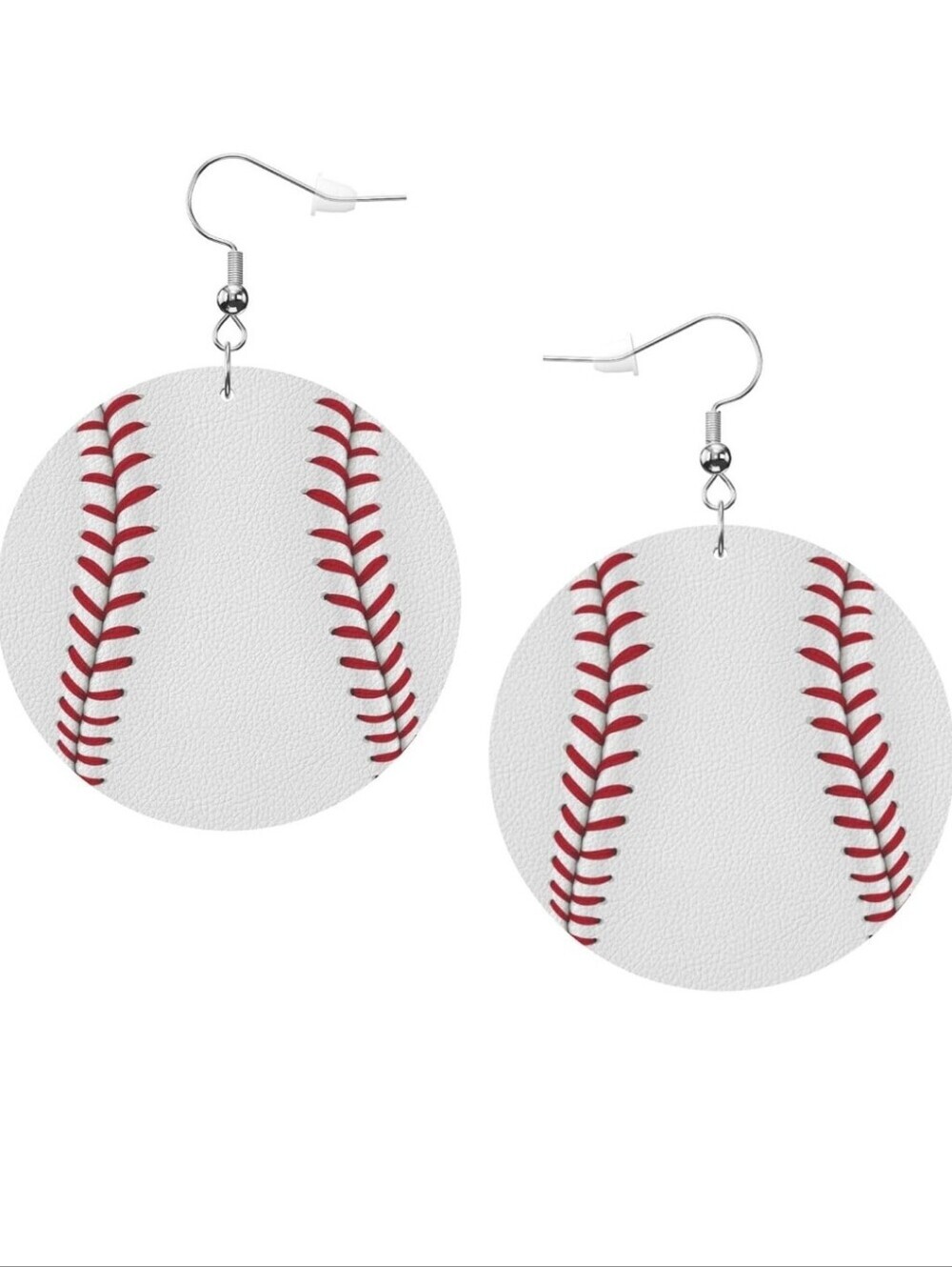 Baseball Stitch Round Dangle Earrings in White and Red